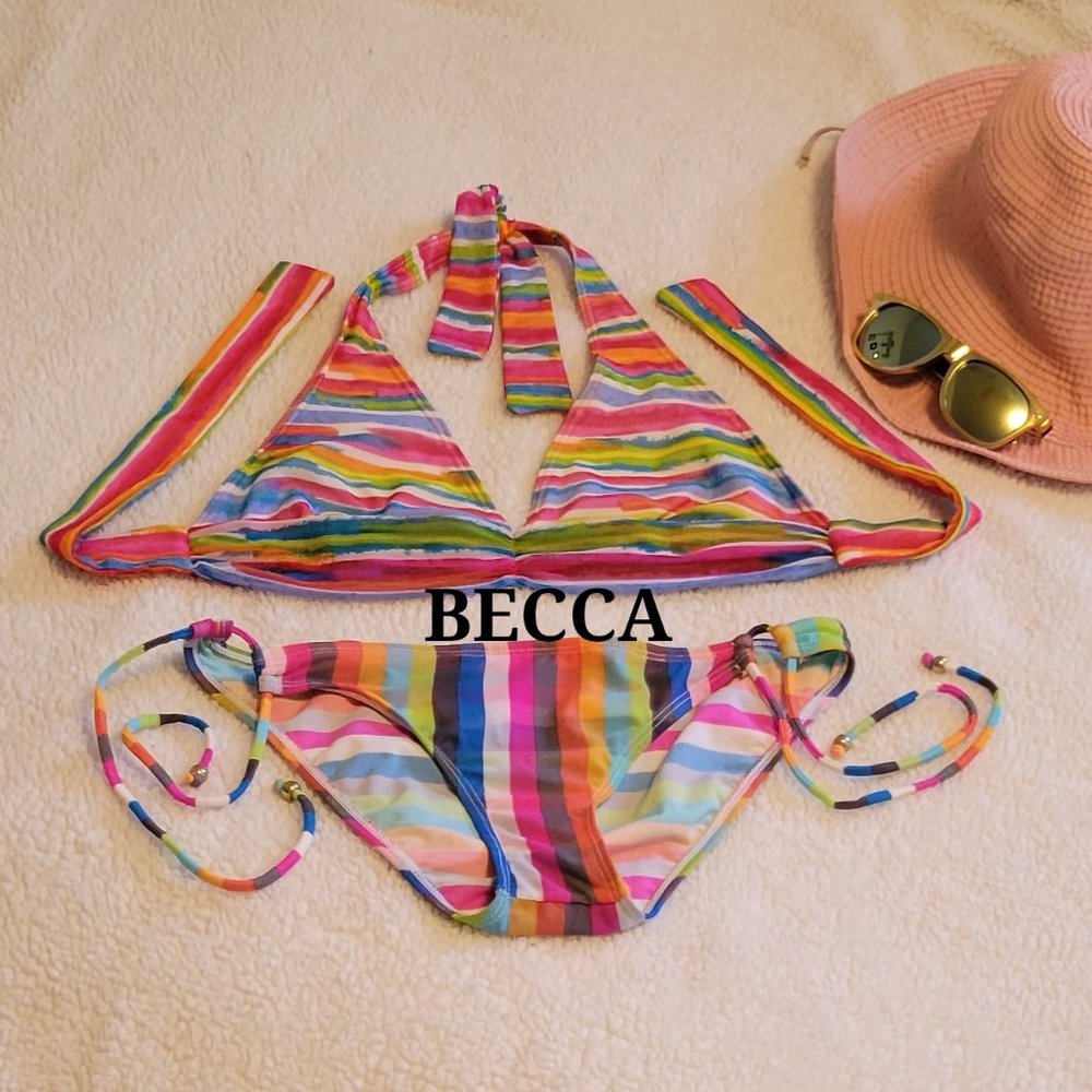 ❣️HP❣️ Becca 2 pc multicolor striped string btm halter top bikini sz: M
